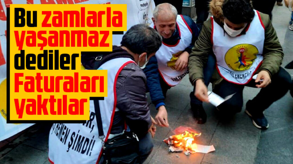 Samsun'da Büro Emekçileri Sendikası üyeleri, elektrik ve doğalgaz faturalarını yaktı