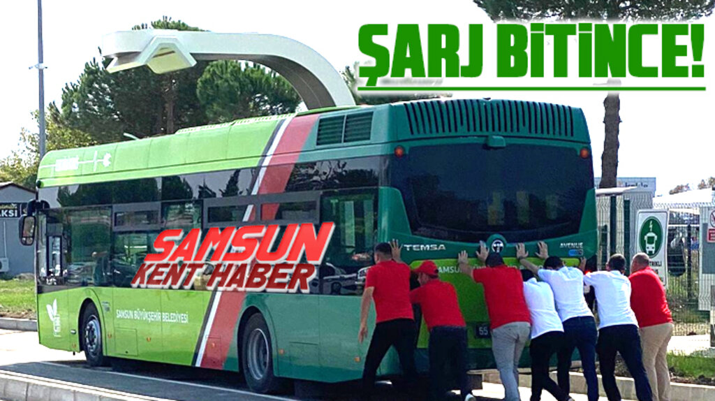 Samsun'da şarjı biten elektrikli otobüs itilerek şarj ünitesine götürüldü