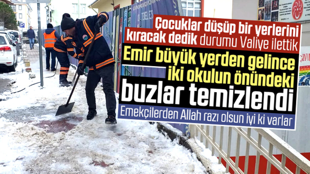 Samsun'da buz pistine dönen okul önlerini belediye Valinin talimatı ile temizledi